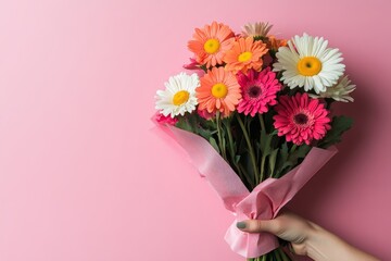A hand holding a pink paper cone with flowers inside, on a solid background
