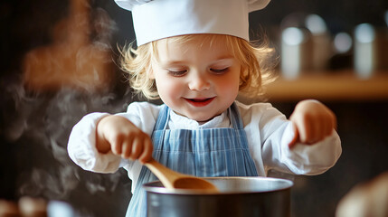 A cheerful child is engaged in cooking in a cozy kitchen, sporting a chef hat and cute apron. The child stirs a pot with a wooden spoon, enjoying the process.