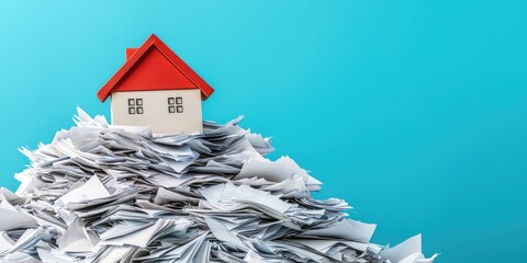 Household debt mortgage concept. A small house sits atop a mountain of paperwork, symbolizing the overwhelming nature of financial and administrative tasks.