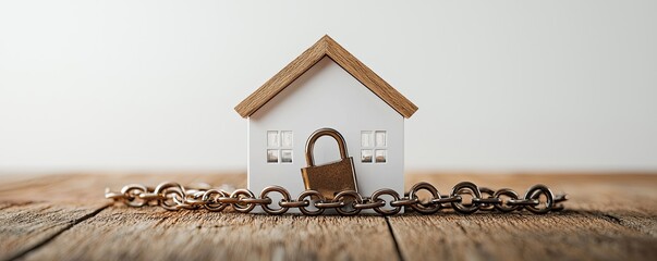 Household debt mortgage concept. A small house model secured with a padlock and chain on a wooden surface, symbolizing safety, security, and protection of property.