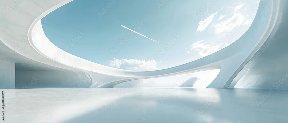 Poster modern white futuristic architecture with a large open space and a view of the sky
