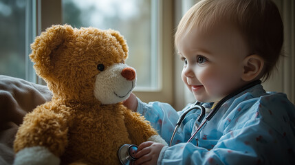 A young child smiles while pretending to check the health of a teddy bear using a stethoscope. The warm indoor environment adds to the playful mood.