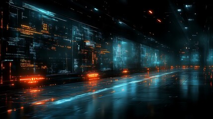 Futuristic corridor with glowing digital data screens.