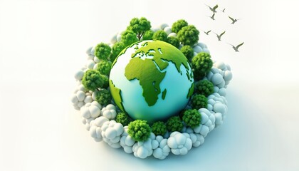 Green earth surrounded by green plants, fluffy white clouds. Planet earth central. Birds fly among clouds. Eco friendly concept. Sustainable image. Nature symbol. Clean environment. Ecology,
