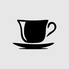 Minimalist black and white teacup silhouette with saucer. A simple yet elegant vector illustration, perfect for coffee shops, tea brands, cafe logos, menus, and beverage-related designs