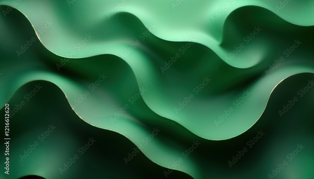 Poster Abstract image features smooth curves in deep green color. Green waves create decorative surface design. Modern, luxurious style, ideal for home decor websites. Shiny texture. Abstract design.