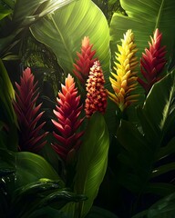 Obraz premium A vibrant display of tropical flowers amidst lush green foliage.