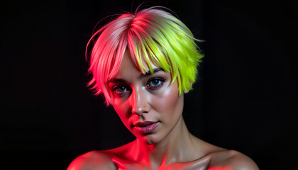 Modern woman showcasing bold neon hairstyle against black background, self-expression