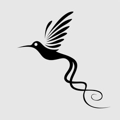 Elegant hummingbird silhouette with artistic wings and flowing tail in a black-and-white vector style. A stunning minimalist illustration perfect for logos, branding, tattoos, and nature-inspired desi