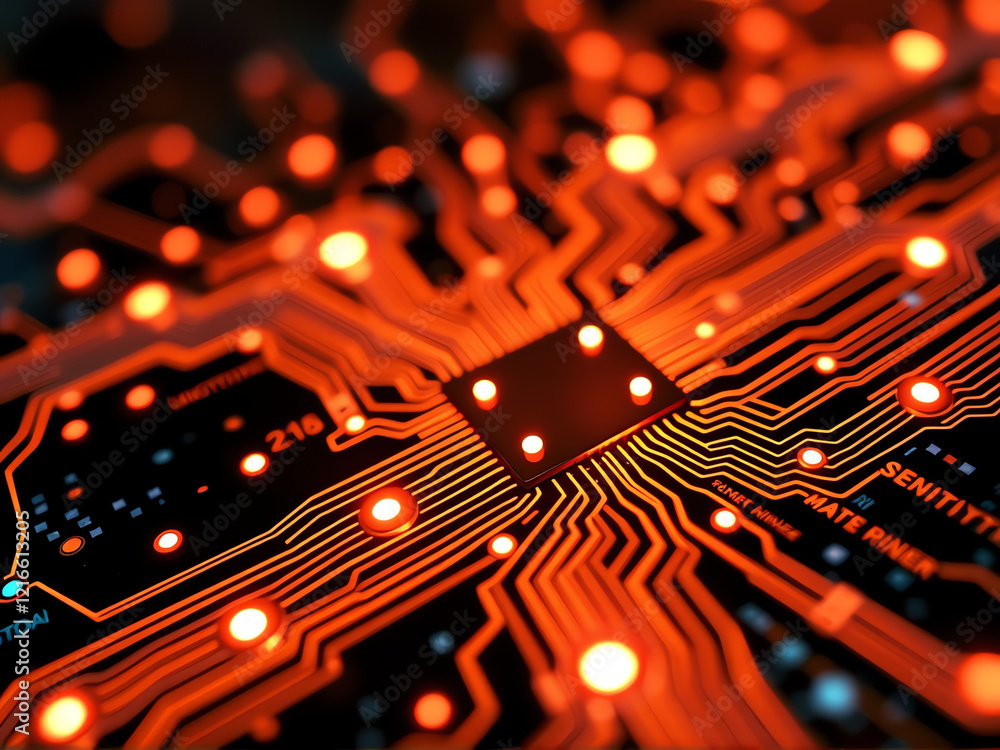 Poster intricate circuit board design illuminated by orange lights showcasing advanced technology and elect