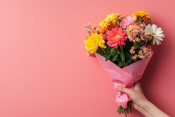 A hand holding a pink paper cone with flowers inside, on a solid background