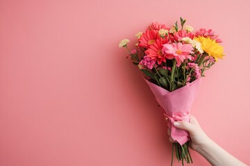 A hand holding a pink paper cone with flowers inside, on a solid background