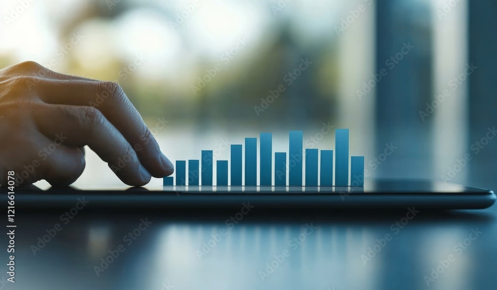 Aufkleber analyzing business growth on a tablet: a close-up view of a hand interacting with a bar graph