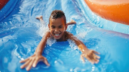 advertising photography of kid going down an inflatable slide