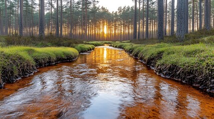 A lush green forest with sunlight filtering through tall trees, a serene stream flowing through the dense vegetation.