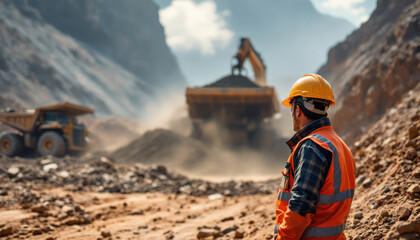 Mining Engineer Supervising Excavator Operation in Mountainous Terrain