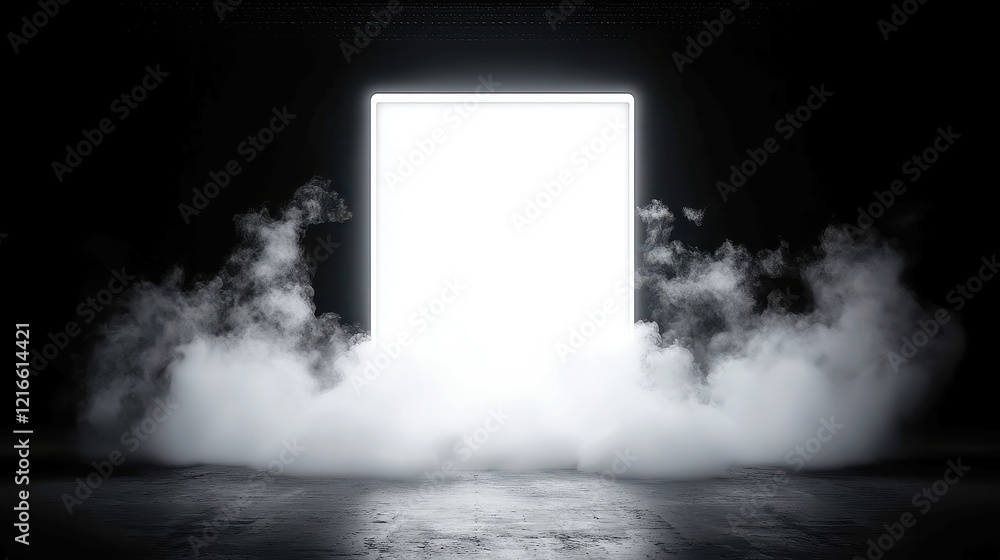 Poster mysterious space with ethereal light and smoke, an enigmatic room enveloped in shadows, illuminated 