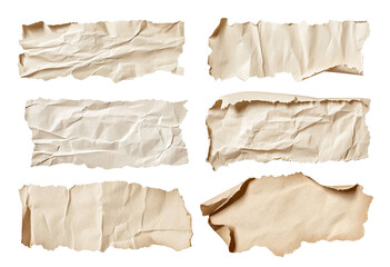 Set of torn beige paper pieces with crumpled texture, isolated on transparent cutout background