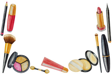 Watercolor makeup cosmetics frame. Set of powder, foundation, maskara, lipstik, makeup brush. White background. For design, backgrounds