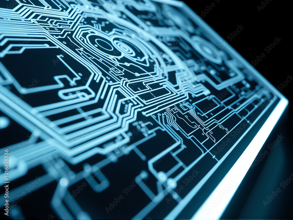 Poster circuit board designs illuminated in blue light showcase intricate patterns and technology in a mode