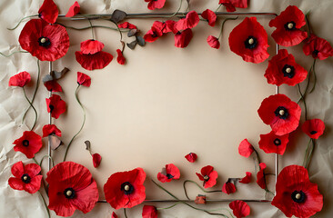 Red Poppies Floral Frame on Beige Background