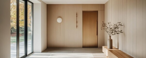 Warm minimalist foyer featuring light wood finishes and brass lighting