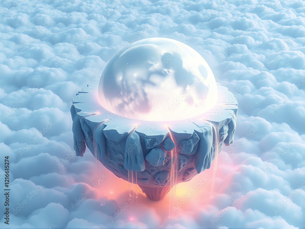 Poster floating crystal sphere above fluffy clouds during twilight with glowing edges and misty atmosphere