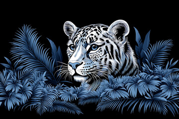 Obraz premium Nocturnal Jungle Cat: Elegant monochrome feline portrait amidst lush tropical foliage.