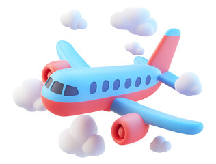 3D airplane flying with clouds, isolated on transparent cutout background