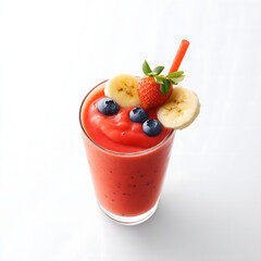 a strawberry shake topped with blueberries and bananas