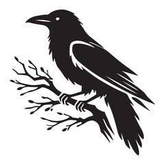 Crow Silhouette Perched on Branch Illustration