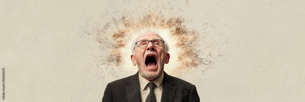 Aufkleber elderly businessman in a suit and tie screaming with an exploding head effect, illustrating the over