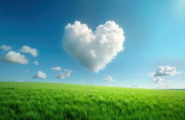 Obraz premium Vast green field stretches under vibrant blue sky. Heart-shaped cloud floats peacefully above. Perfect day for outdoor activities, relaxation. Nature scene evokes feelings of peace, calm. Ideal for