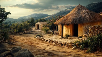 Ancient Village Hut in a Mountainous Landscape