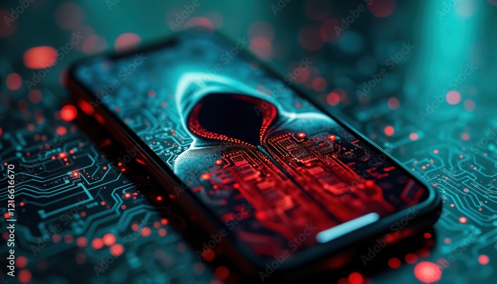 Aufkleber Smartphone screen shows hacking attempt. Cyber criminal profile illustrated on phone screen. Tech illustration. Digital security concept. Mobile device vulnerable to attacks. Hacking attempts on