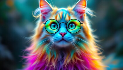 Rainbow Cat with Glasses: A Vibrant Digital Art Portrait