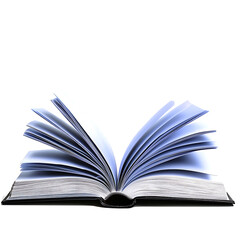 Open book, pages fanned, light blue tint, isolated on white.