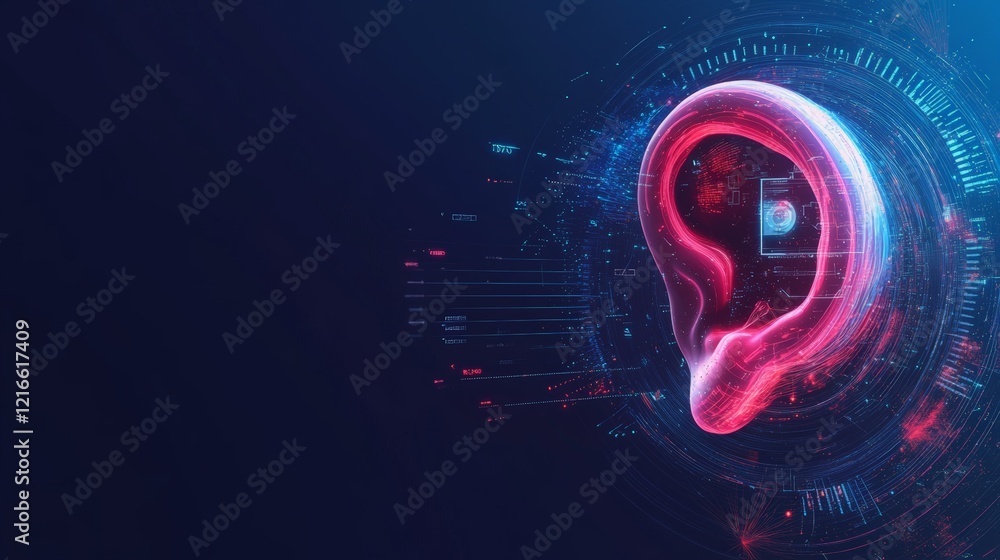 Aufkleber futuristic medical interface scanning a digital ear with a hearing aid implant, visualizing sound wa