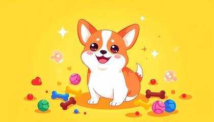 A banner for an online pet store with a playful dog surrounded by pet toys treats and accessories.