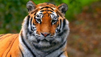 A close-up portrait of a majestic tiger, showcasing its vibrant orange fur and distinct black...