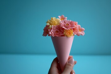 A hand holding a pink paper cone with flowers inside, on a solid background