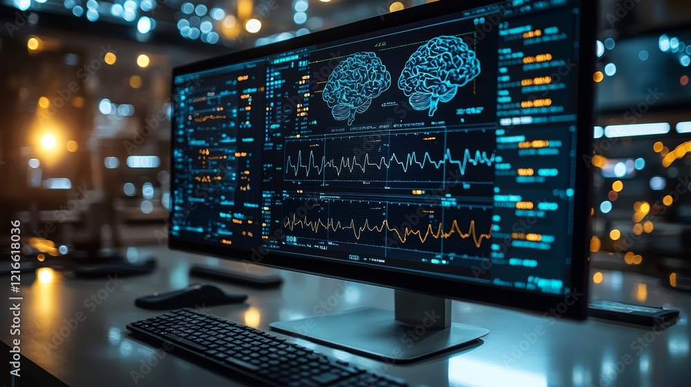 Poster futuristic digital brain data analysis displayed on high-tech monitor screens
