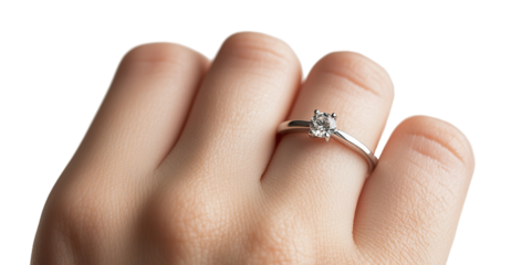 Close-up of a hand wearing a diamond engagement ring, isolated on transparent cutout background