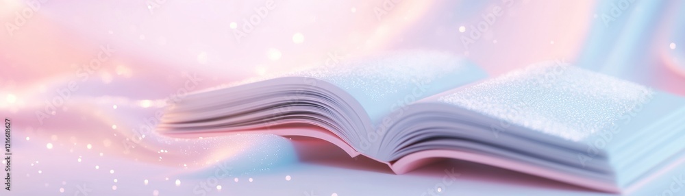 Poster floating open books with glowing pages enhance a pastel gradient setting filled with subtle light ra