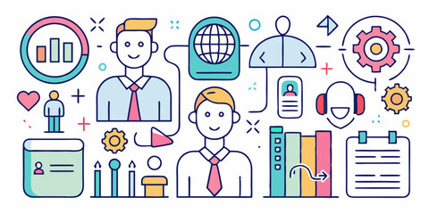 A colorful, line-art graphic depicts various elements related to human resources or a similar business process. The graphic features interconnected, simplified icons, communicating different aspects