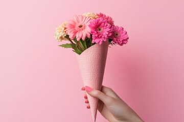 A hand holding a pink paper cone with flowers inside, on a solid background