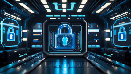 Futuristic Cybersecurity Visualization with a Glowing Digital Padlock in a Secure Facility