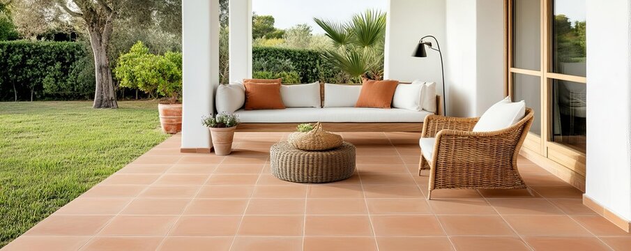 Warm-toned patio featuring muted terracotta tiles and natural accents