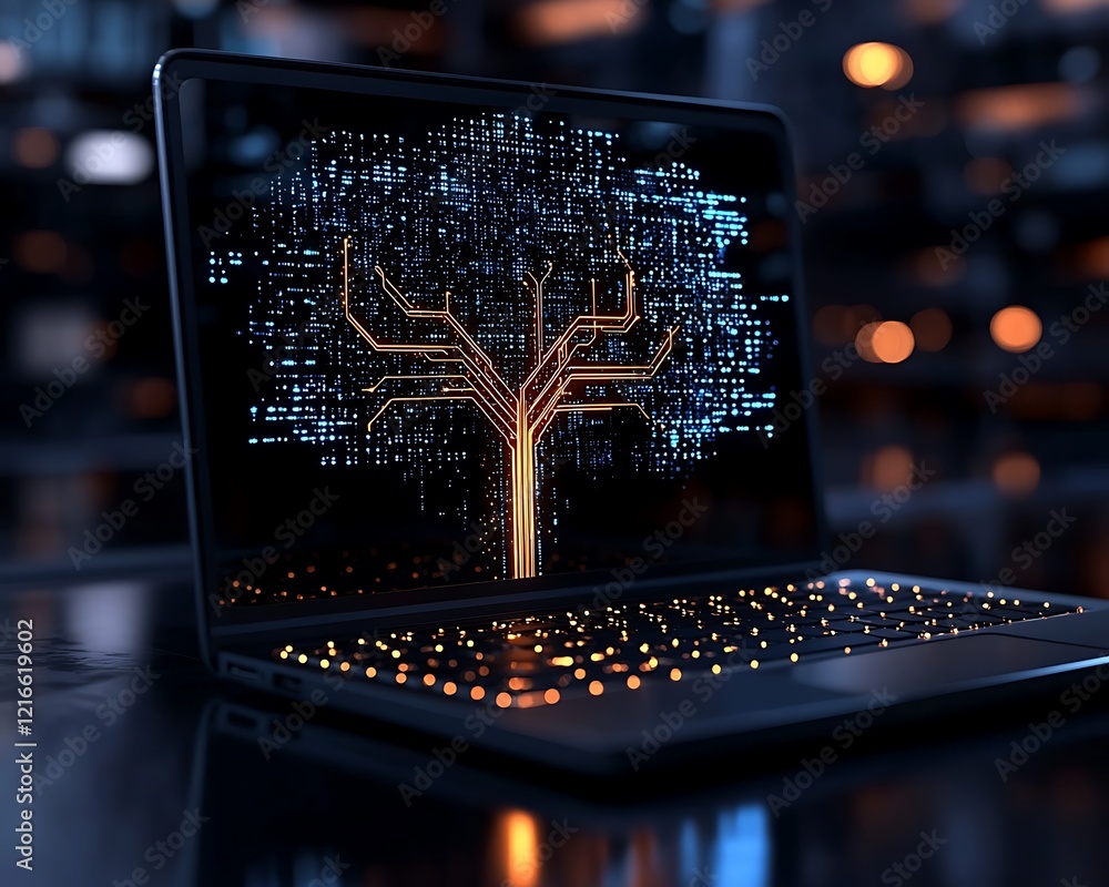 Poster celebration of science and technology day, iconic stylish laptop depiction with glowing lines and di