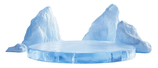 Ice podium with icy rocks in winter setting, isolated on transparent cutout background